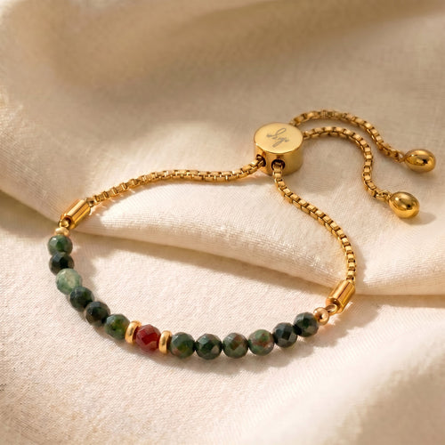 Gold bloodstone bracelet with 4mm genuine dark green bloodstone beads with red flecks on adjustable slider chain