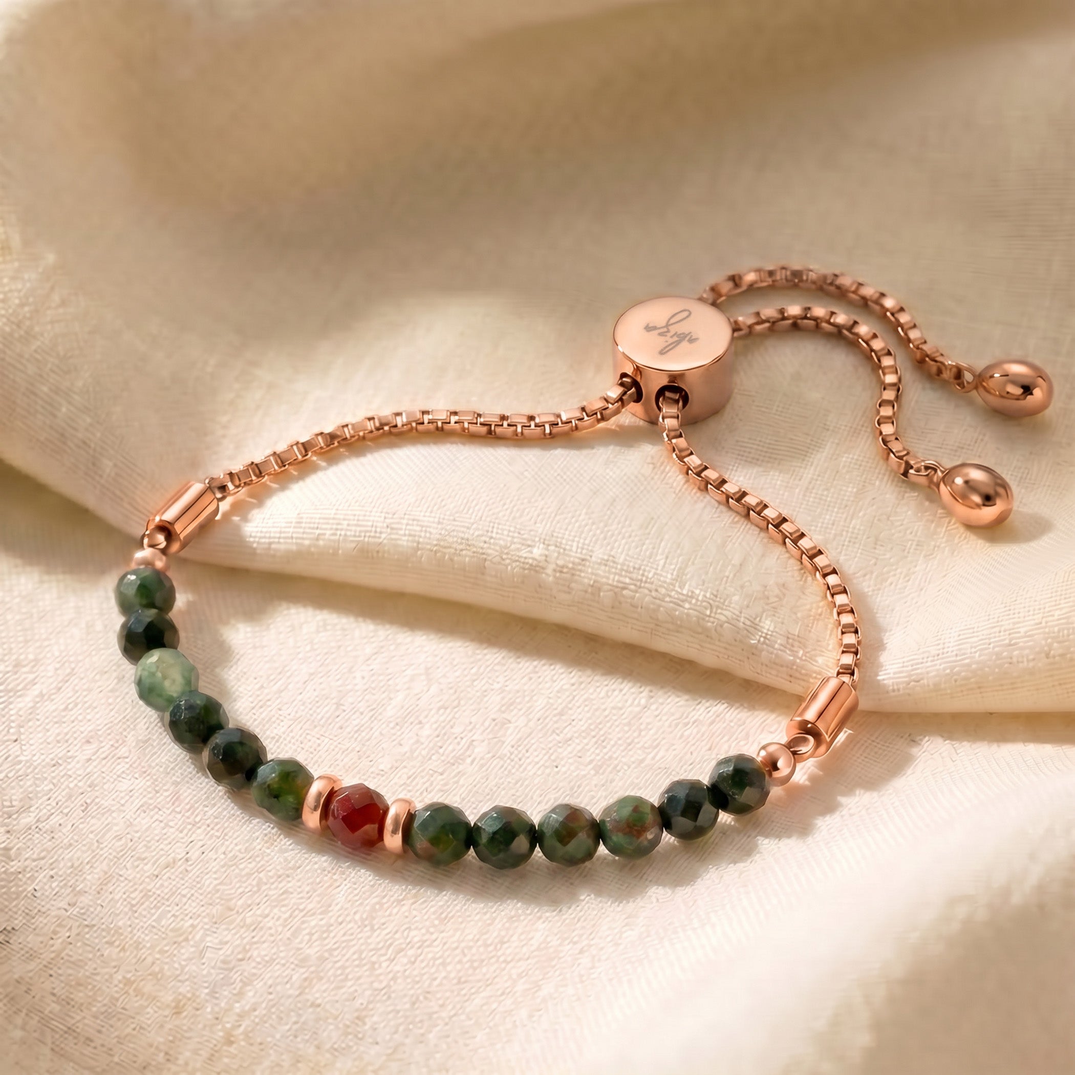 Rose gold bloodstone bracelet with genuine bloodstone beads, adjustable slider chain