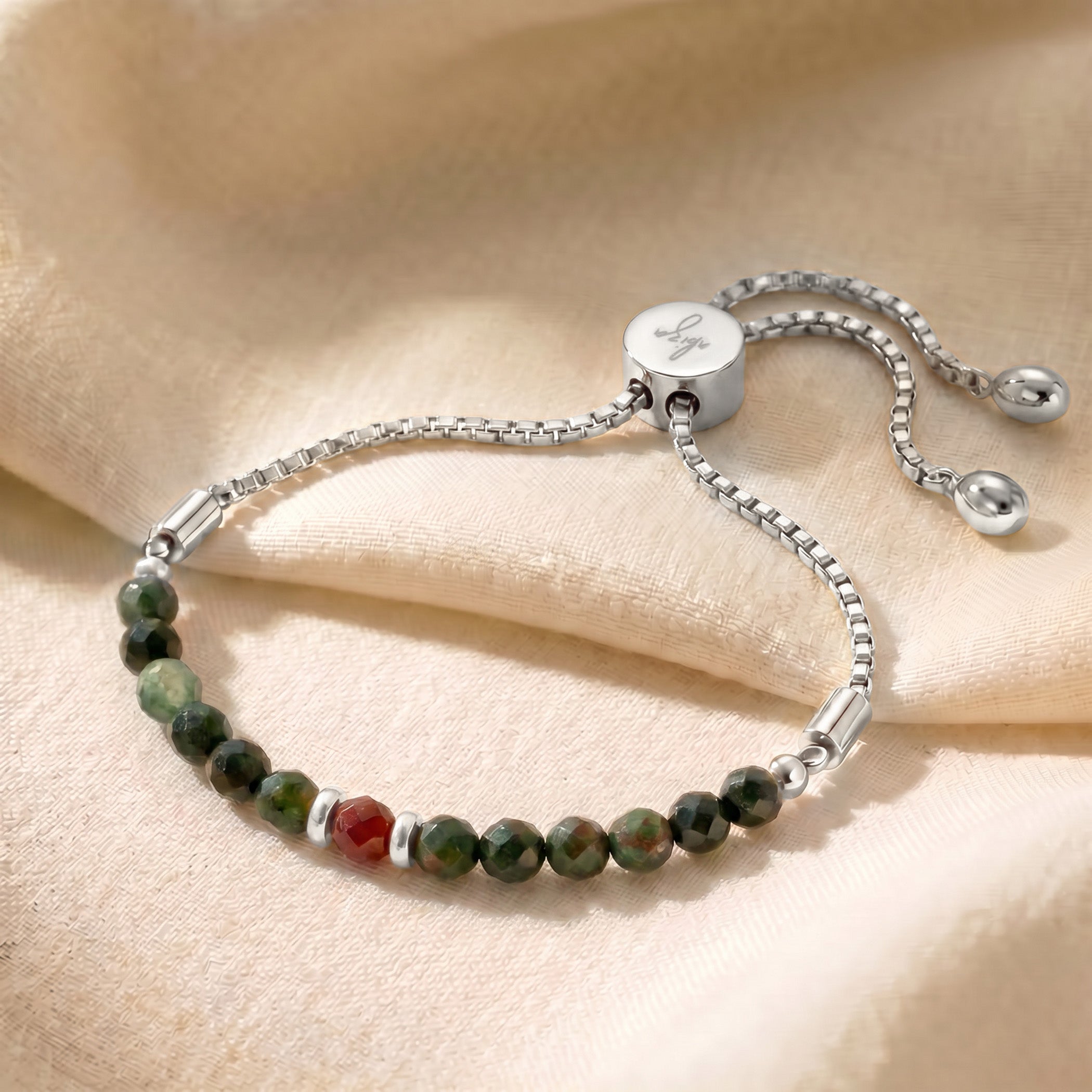 Silver bloodstone bracelet with adjustable slider chain