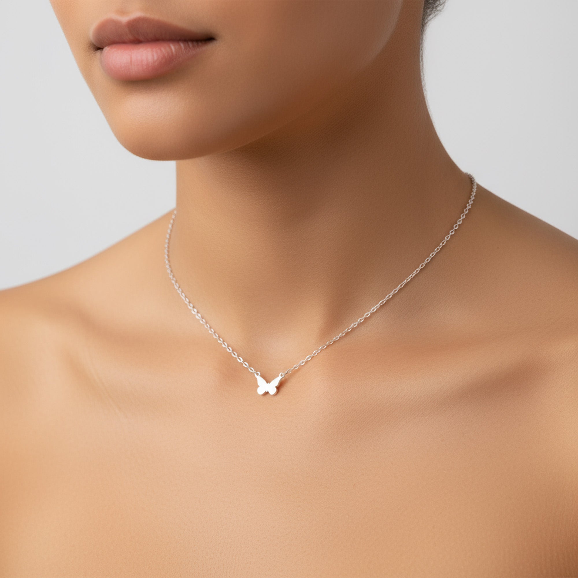 Dainty Initial Charm Necklace Silver Styled at collarbone