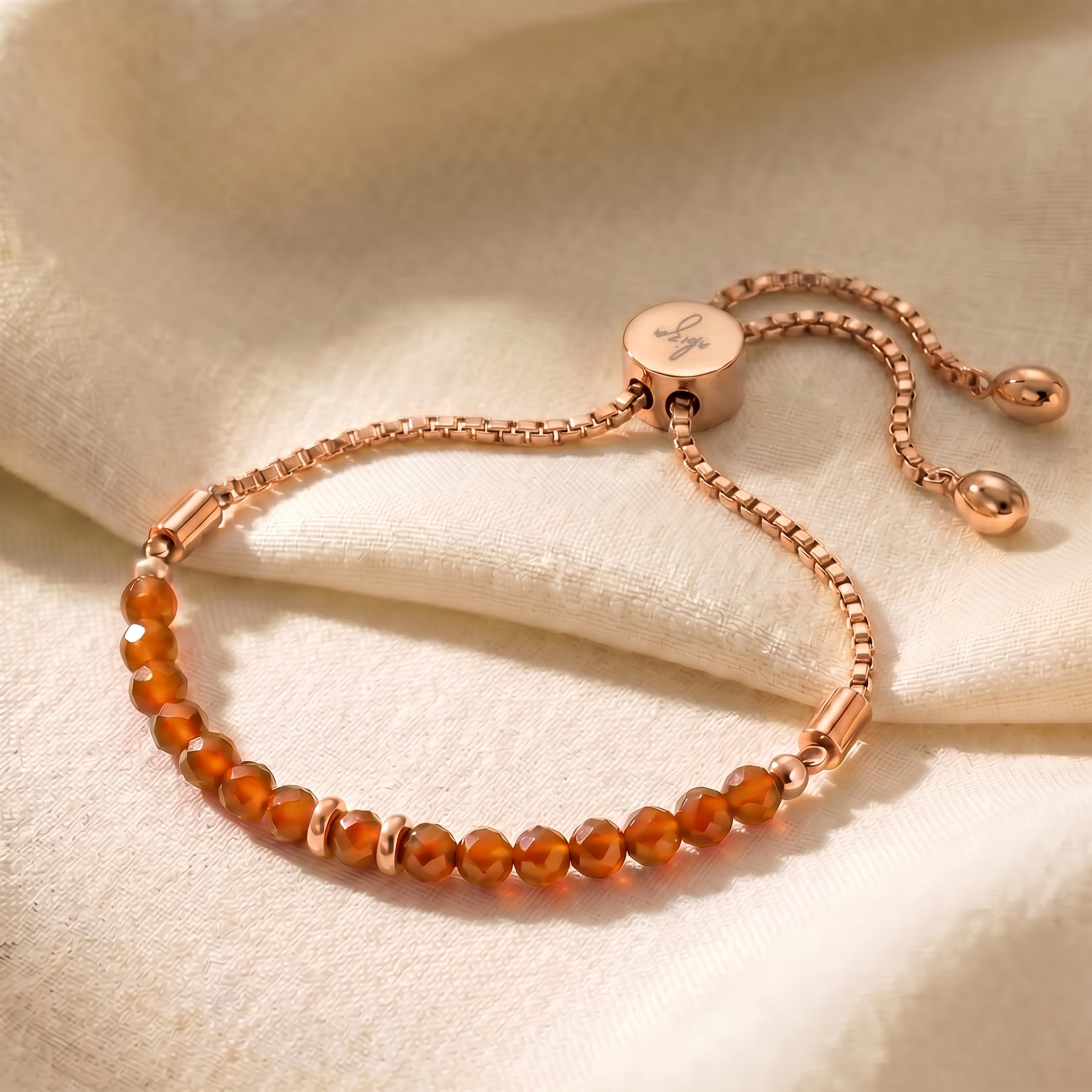 Rose gold carnelian bracelet with genuine carnelian beads, adjustable slider chain