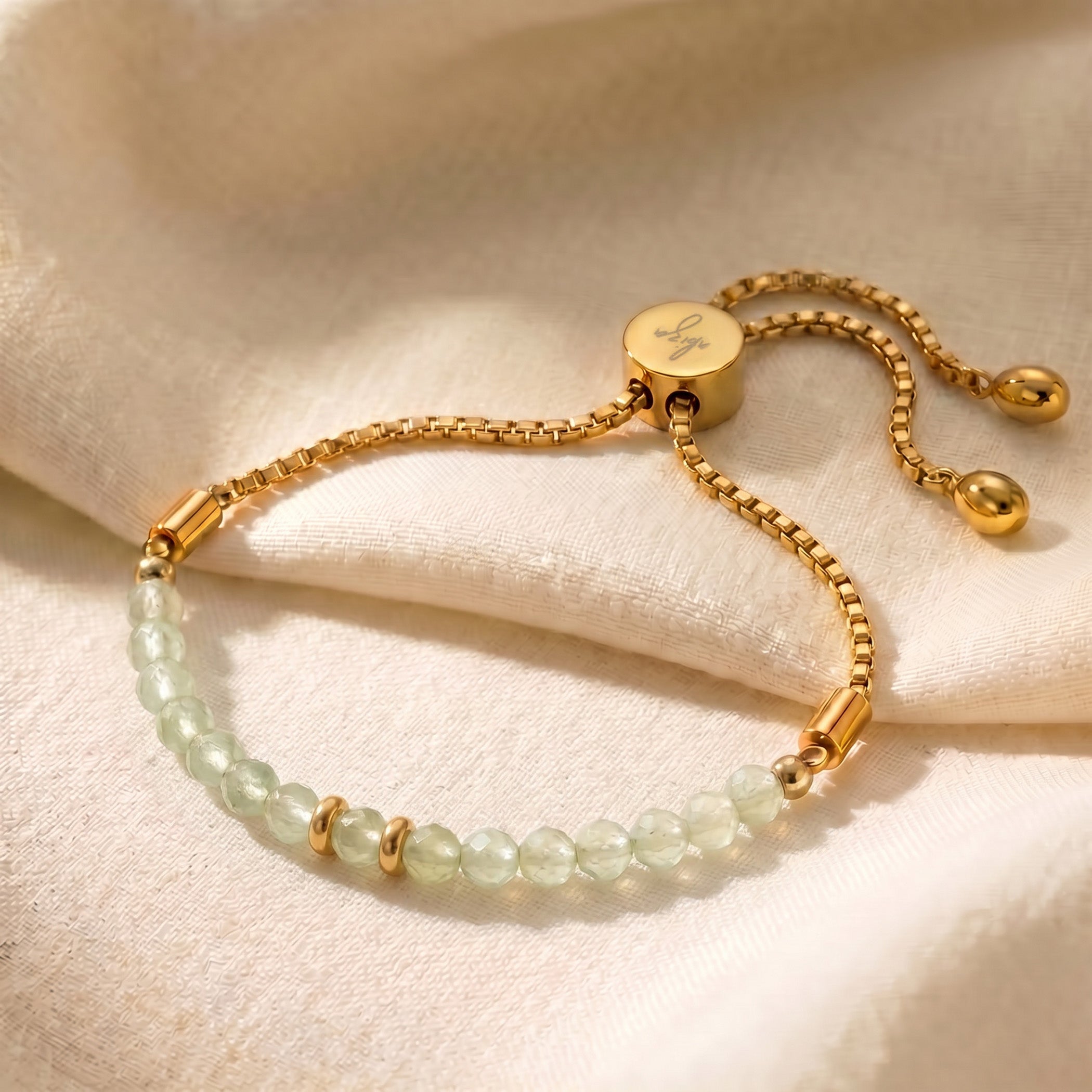 Gold prehnite bracelet with 4mm genuine pastel-green prehnite beads on adjustable slider chain