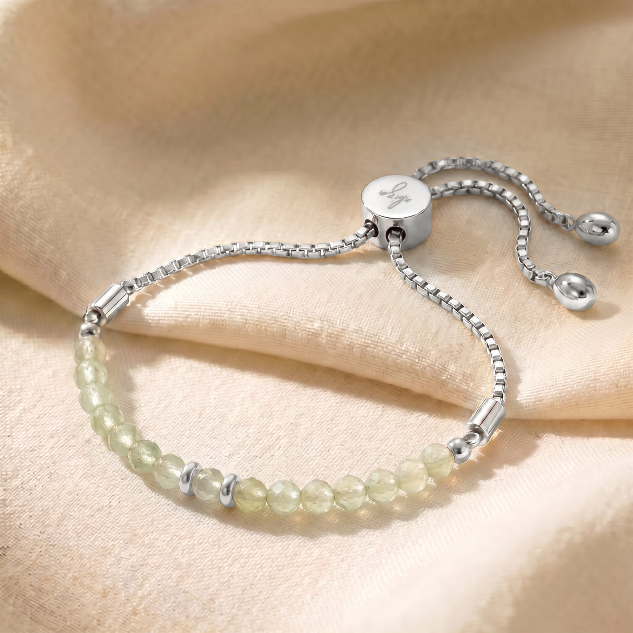 Silver prehnite bracelet with adjustable slider chain
