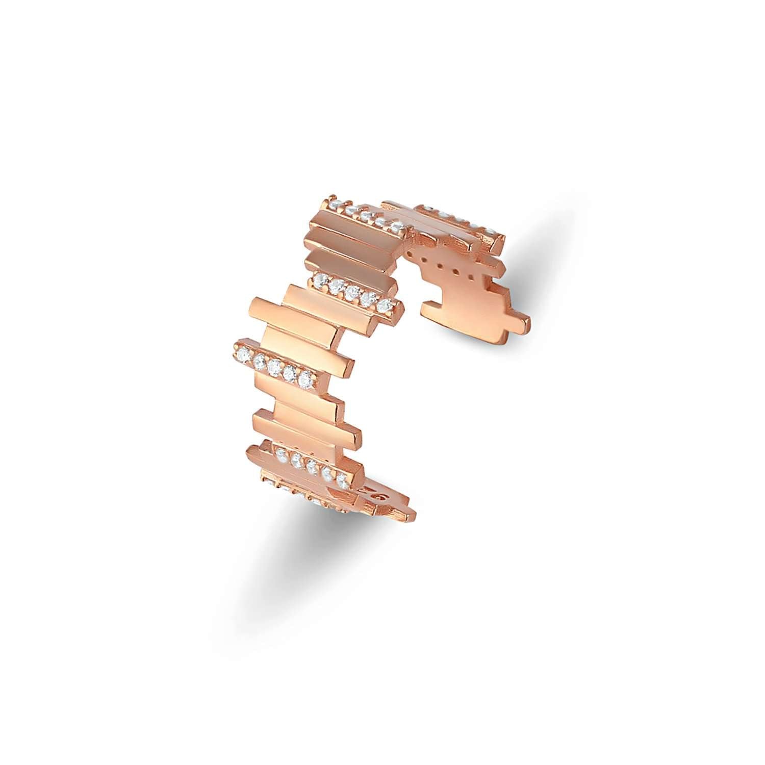 Rose gold Posedion Ring with a geometric design, rows of cubic zirconia set in three segmented sections — Abiza.