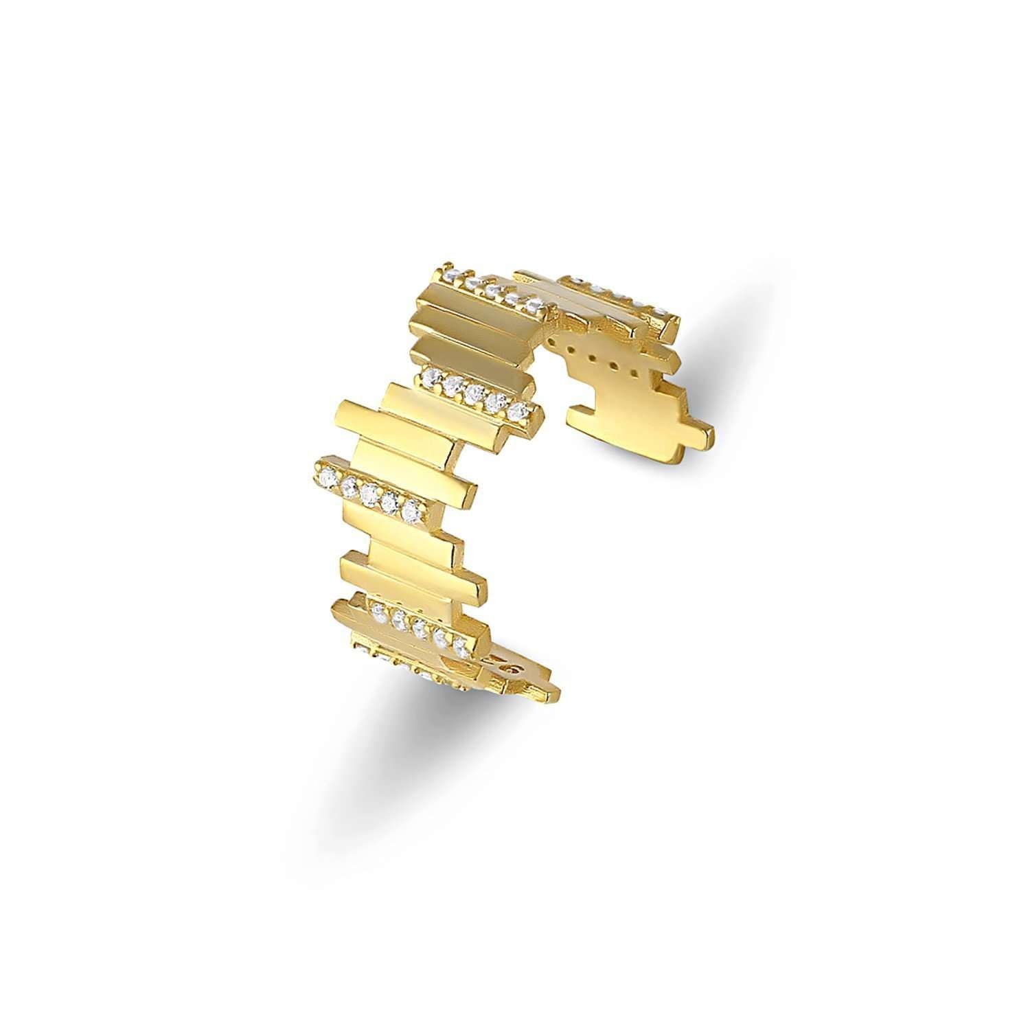Posedion Ring in yellow gold with segmented geometric design and rows of cubic zirconia— Abiza.